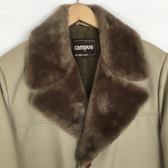Vintage Faux Fur Trim Coat Jacket by Campus Studio One Beige Men’s Size 46 XL